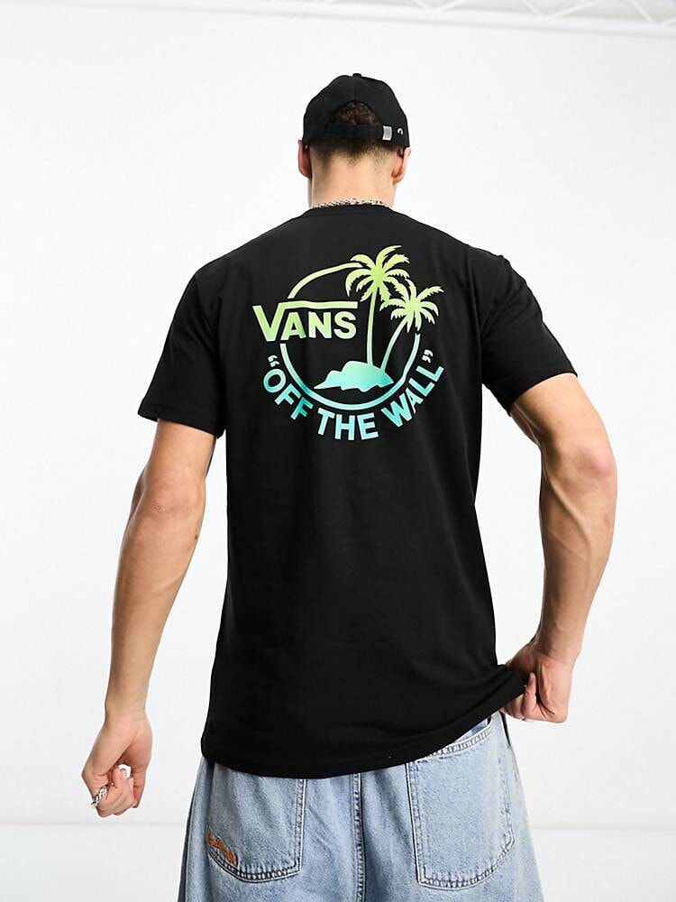 Vans – T-Shirt in Schwarz mit kleinem Zwei-Palmen-Print auf dem Rücken