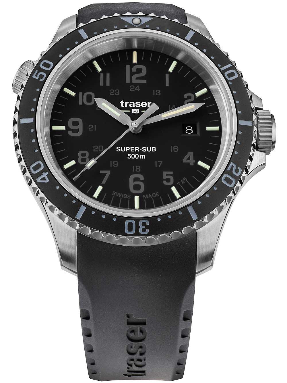 Мужские наручные часы с черным силиконовым ремешком Traser H3 109377 P67 T25 SuperSub black 46 mm diver 50ATM