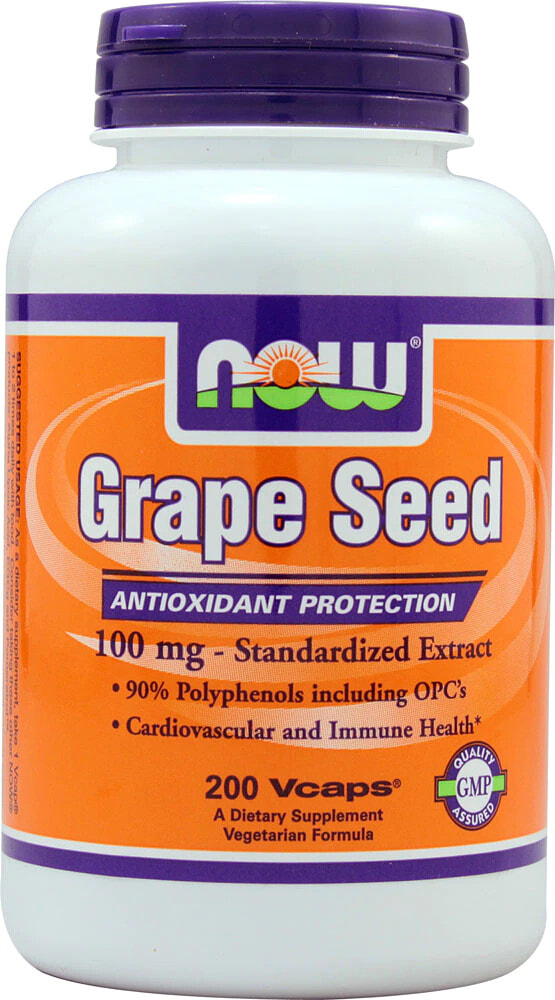 NOW Grape Seed Стандартизированный экстракт из виноградных косточек 100 мг 200 растительных капсул