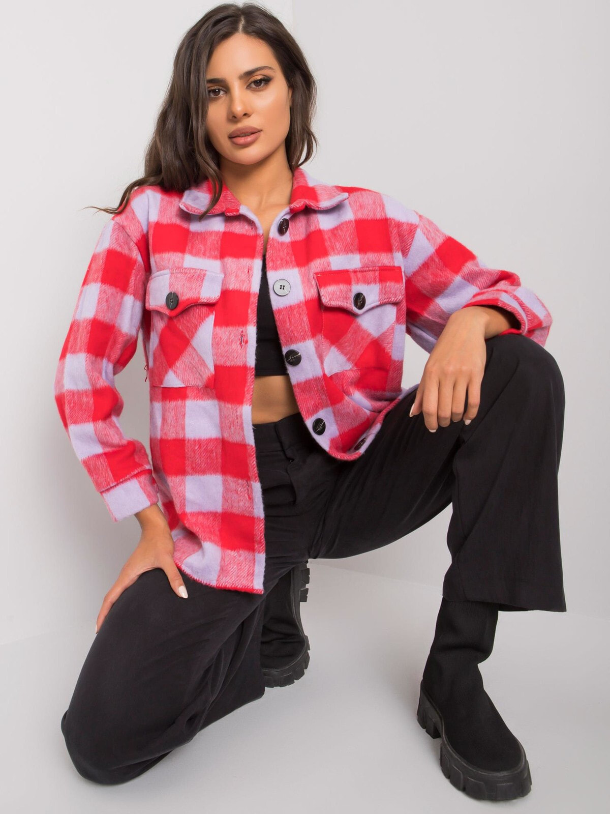 Женская теплая рубашка в клетку с карманами розовая Factory Price
