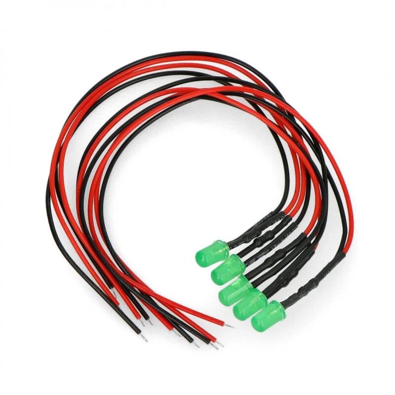 LED 5mm 12V with resistor and wire - green - 5pcs