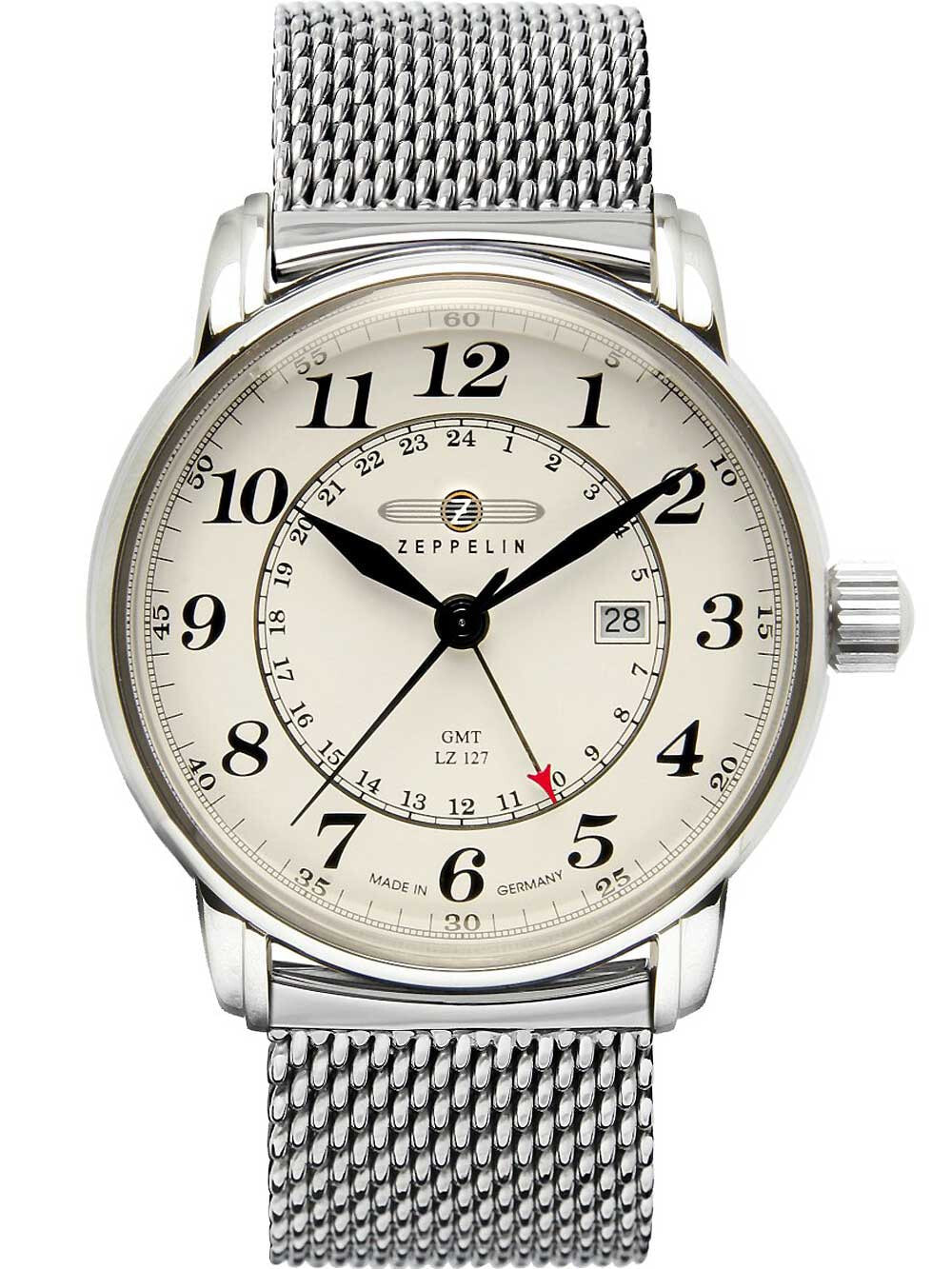 Мужские наручные часы с серебряным браслетом ZEPPELIN Zeppelin 7642M-5 Graf Zeppelin LZ127 GMT 43mm 5ATM