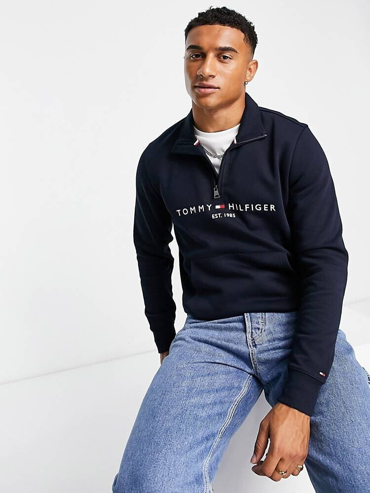 Tommy Hilfiger – Sweatshirt in Marineblau mit aufgesticktem Flaggenlogo und Halbreißverschluss