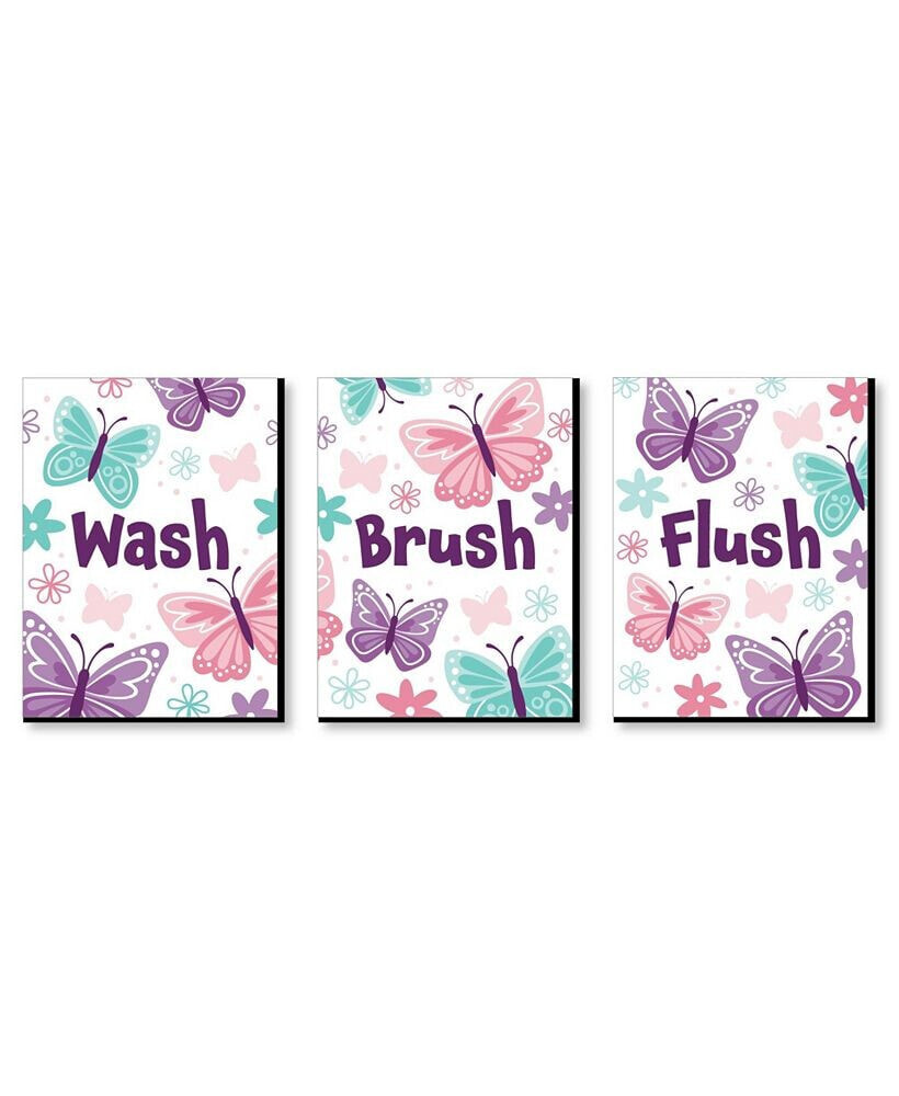 Big Dot of Happiness beautiful Butterfly Bathroom Rules Wall Art 7.5 x 10 in 3 Signs Wash Brush Flush