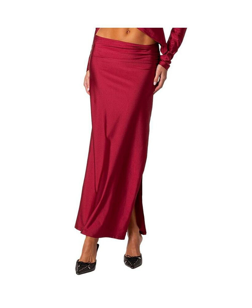 Edikted women's Reema shiny slit maxi skirt Color: Red; Size