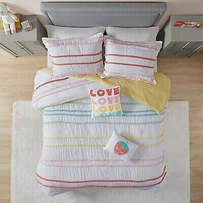 5pc Full/Queen Striped Piper Cotton Comforter Set with Chenille Trim Pink