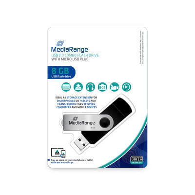 Флешка USB 128 гб MediaRange MR930-2, 8 GB, USB Type-A / Micro-USB, 2.0, 15 MB/s, Swivel, Black, Silver