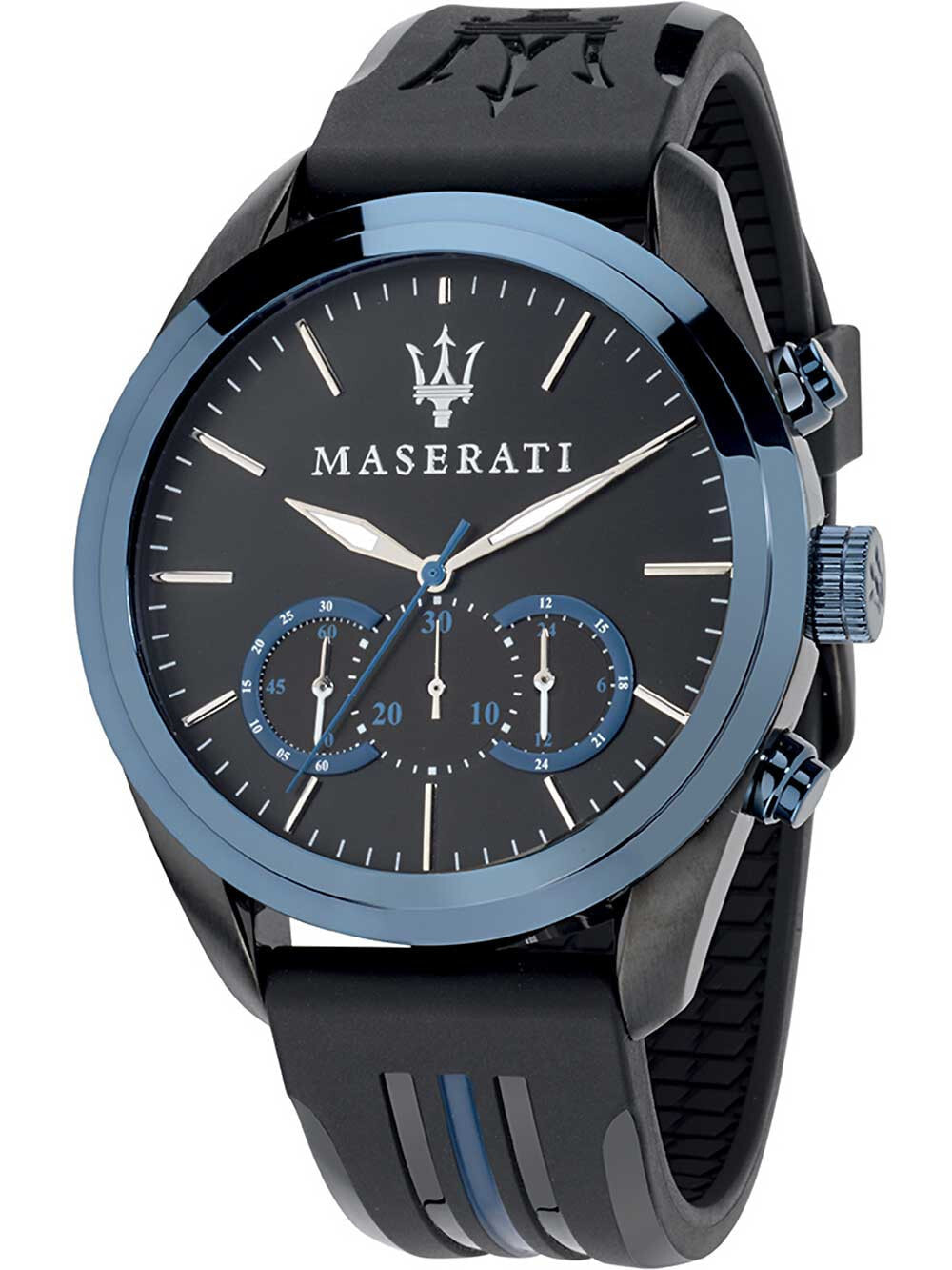 Мужские наручные часы с черным силиконовым ремешком Maserati R8871612006 Finish line chronograph 45mm 10ATM