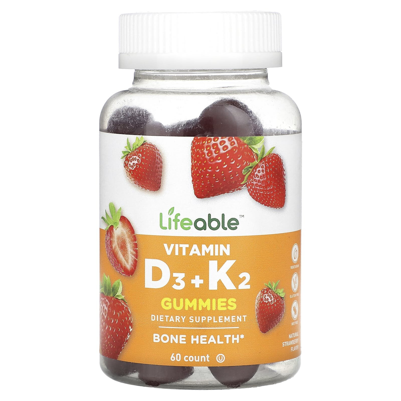 Lifeable, Жевательные мармеладки с витамином D3 и K2, натуральная клубника, 60 жевательных таблеток