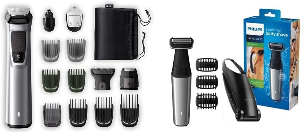 Philips MG7720/15 - Beard and Precision Trimmer 14 in 1 DualCut Technology, Black/Silver & BG5020/15 Bodygroom Series 5000 with Attachment for Back Hair Removal and 3 Comb Attachments