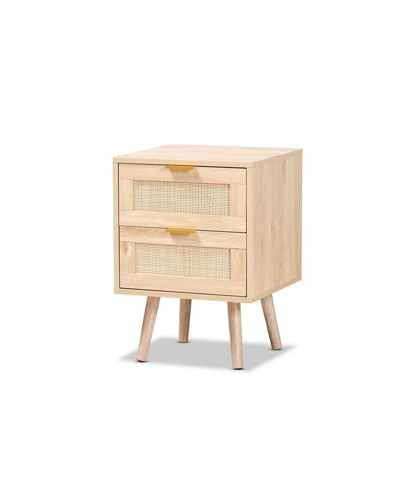 Baird Mid-Century Modern Wood and Rattan 2 Drawer Nightstand