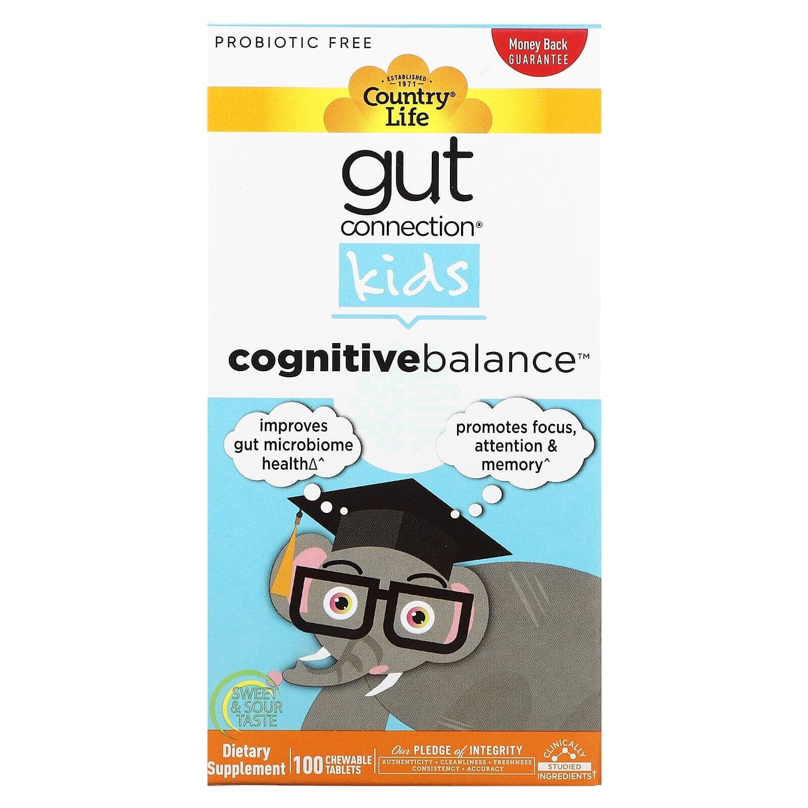 Кантри Лайф, Gut Connection Kids, когнитивный баланс, кисло-сладкий вкус, 100 жевательных таблеток
