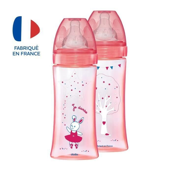 Набор из 2 детских бутылочек  DODIE по 330 мл. Круглые соски - 3 скорости, антиколиковый клапан. Розовый.