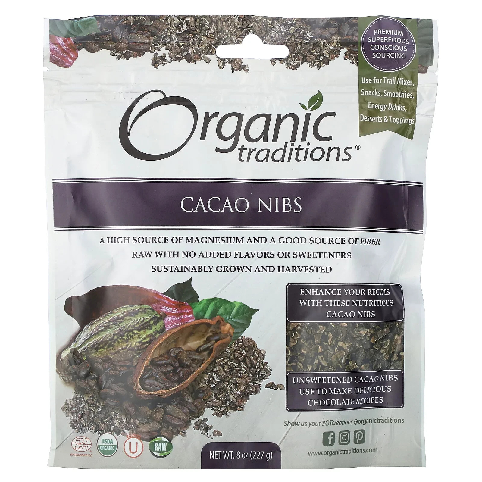 Cacao Nibs, Unsweetened, 8 oz (227 g)