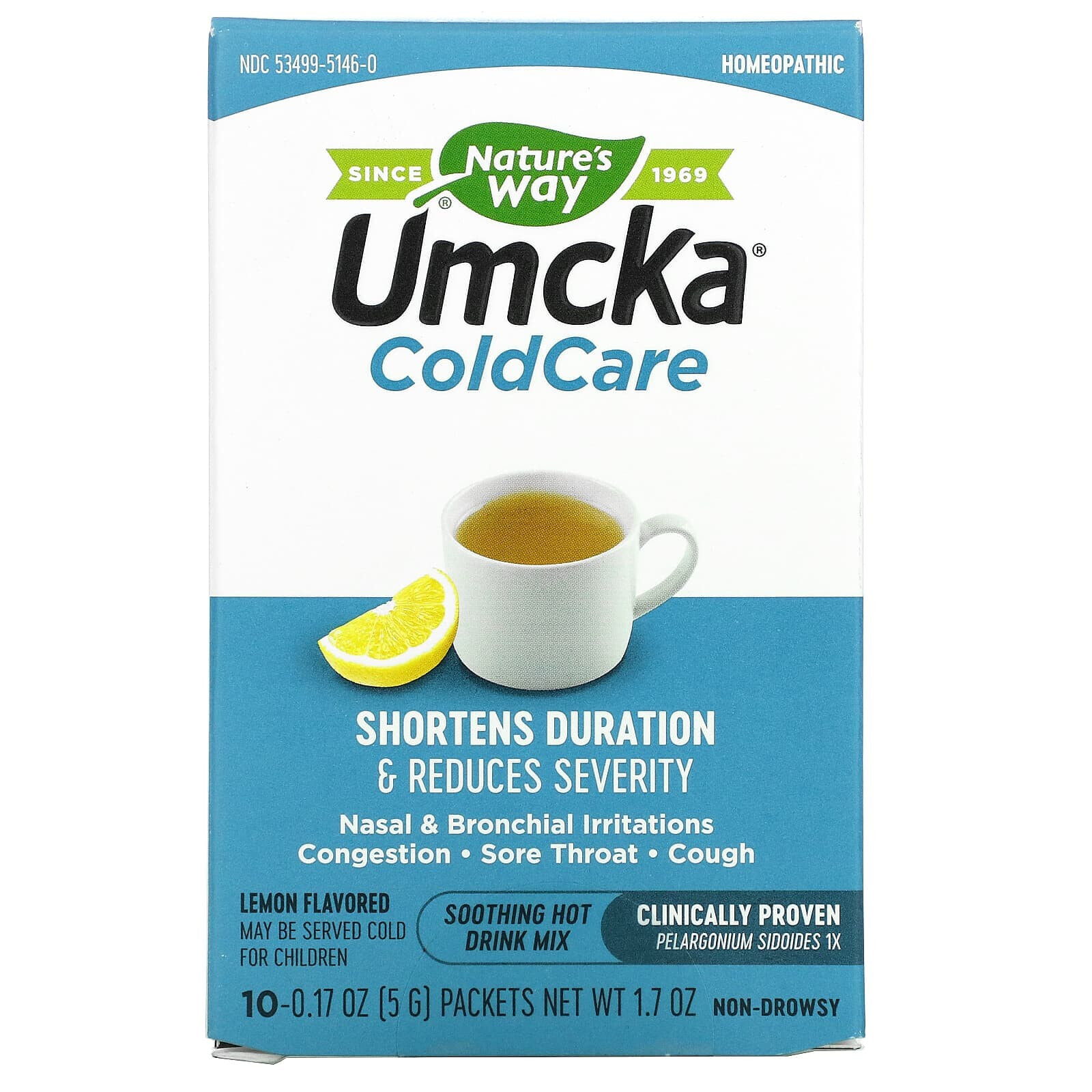 Umcka, ColdCare, Soothing Hot Drink Mix, Lemon, 10 Packets, 0.17 oz (5 g) Each