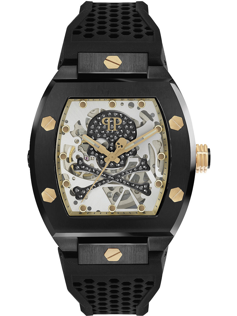 Мужские наручные часы с черным силиконовым ремешком Philipp Plein PWBAA0521 The keleton automatic 44mm 5ATM