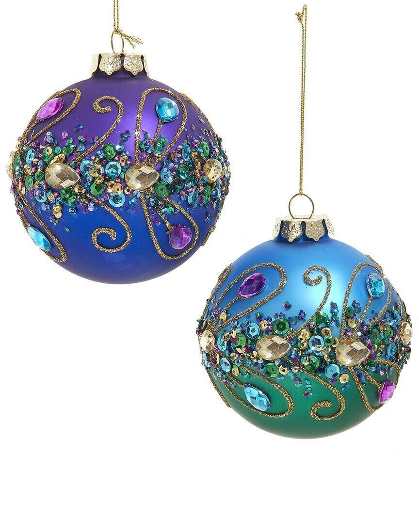 Kurt Adler Set Of 2 90Mm Peacock Color Glass Ball Ornaments Multicolor