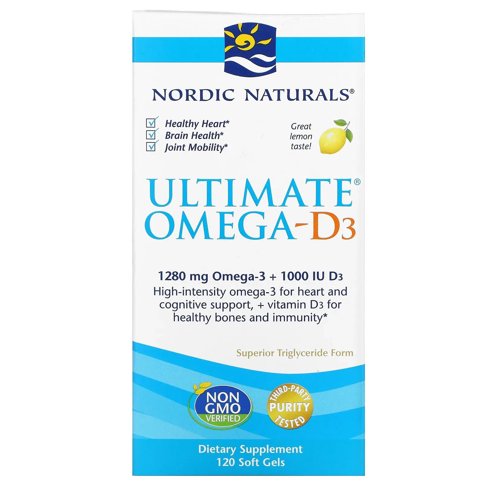 Нордик Натуралс, Ultimate Омега-D3, со вкусом лимона, 1000 мг, 120 капсул