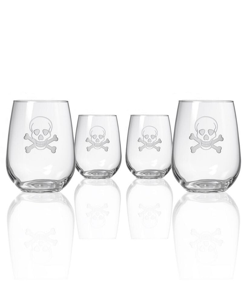 Rolf Glass skull and Cross Bones Stemless 17Oz - Set Of 4 Glasses