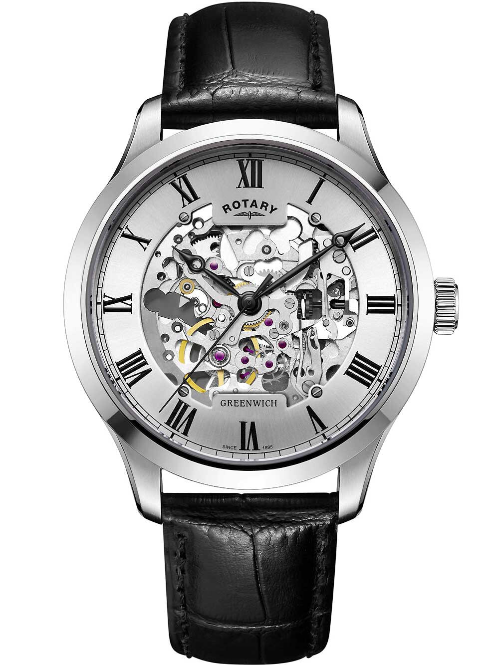 Мужские наручные часы с черным кожаным ремешком Rotary GS02940/06 Greenwich automatic mens 42mm 5ATM