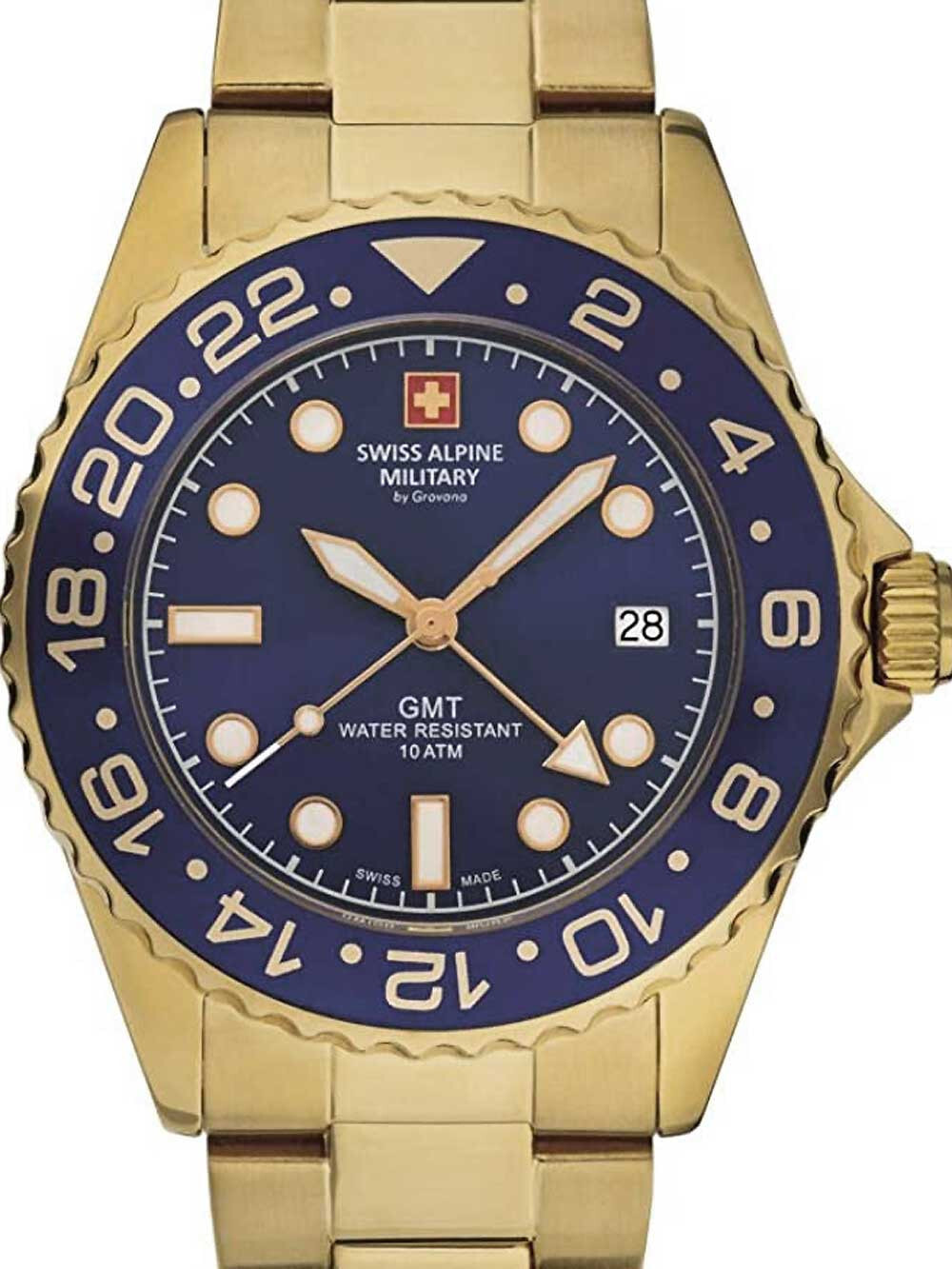 Мужские наручные часы с золотистым браслетом Swiss Alpine Military 7052.1115 GMT diver 42mm 10ATM