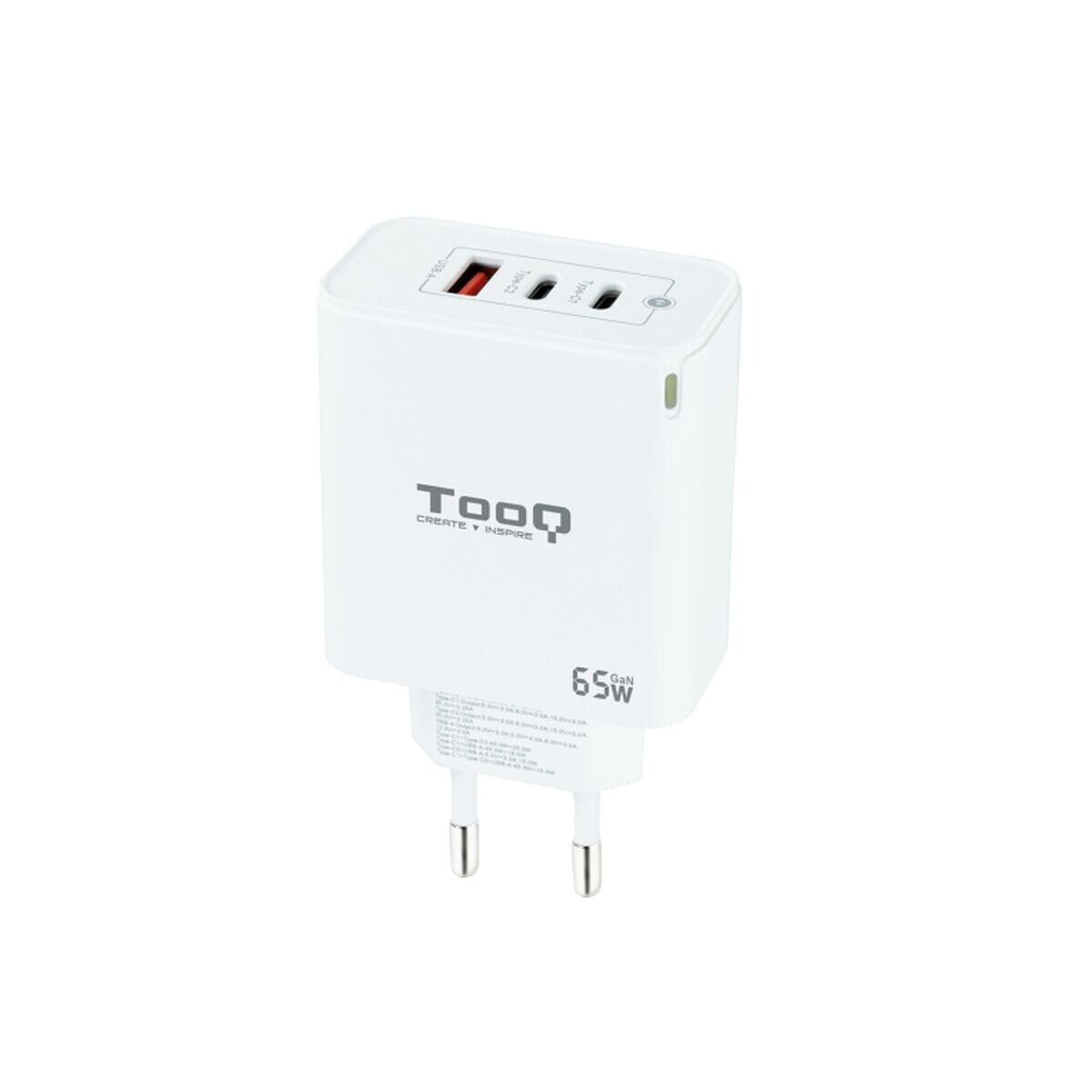 Сетевое зарядное устройство TooQ Cargador de Pared GaN 2USB-C/PD + USB-A/QC 65W, Blanco Белый 65 W