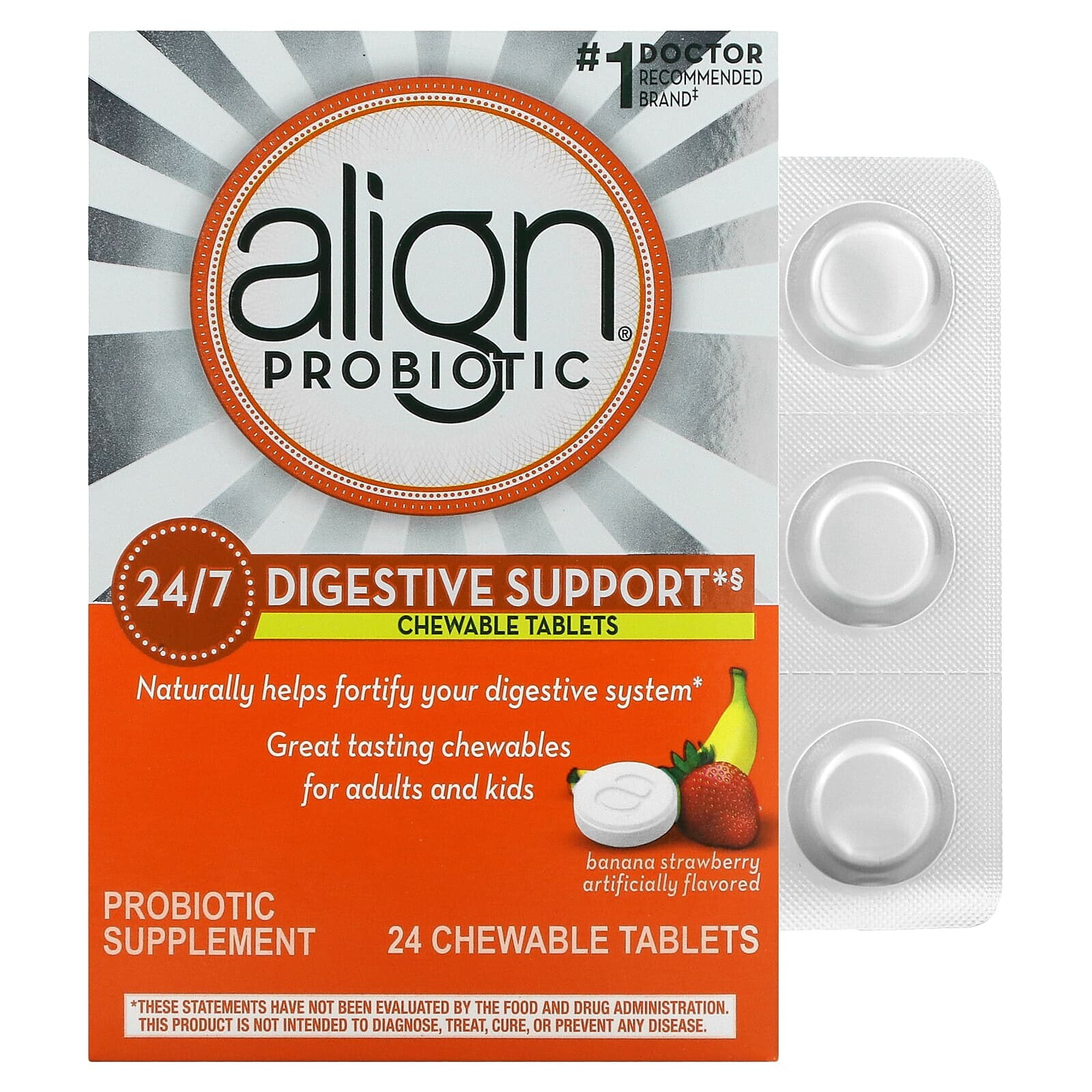 24/7 Digestive Support, Banana Strawberry, 24 Chewable Tablets