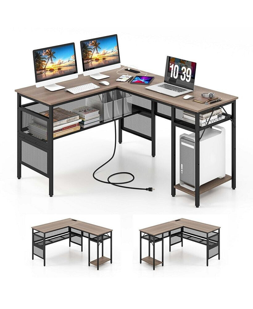Costway reversible L-Shaped Computer Desk with Charging Station Adjustable Shelf CPU Stand