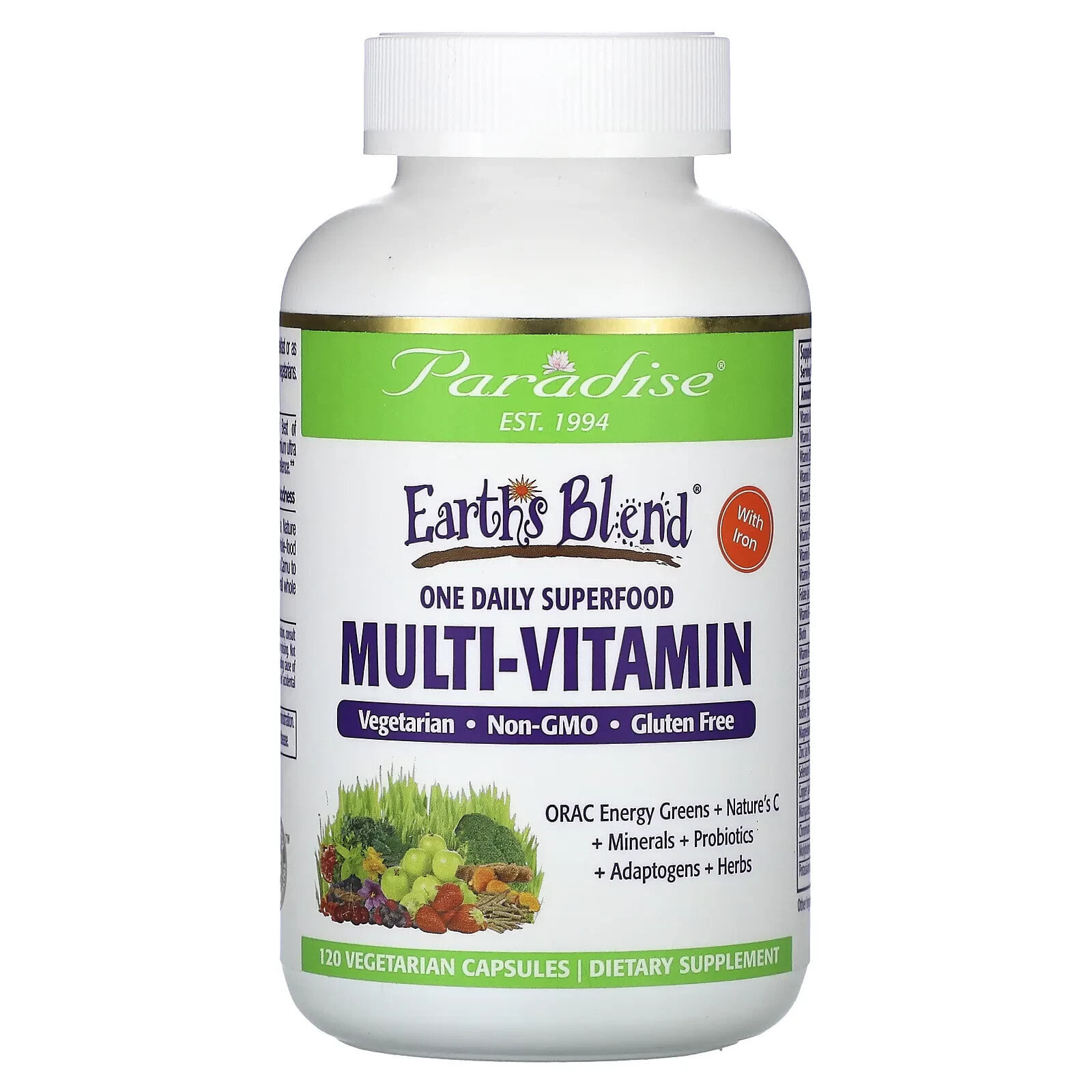 Paradise Herbs, Earth's Blend, One Daily Superfood Multi-Vitamin with Iron, 60 Vegetarian Capsules