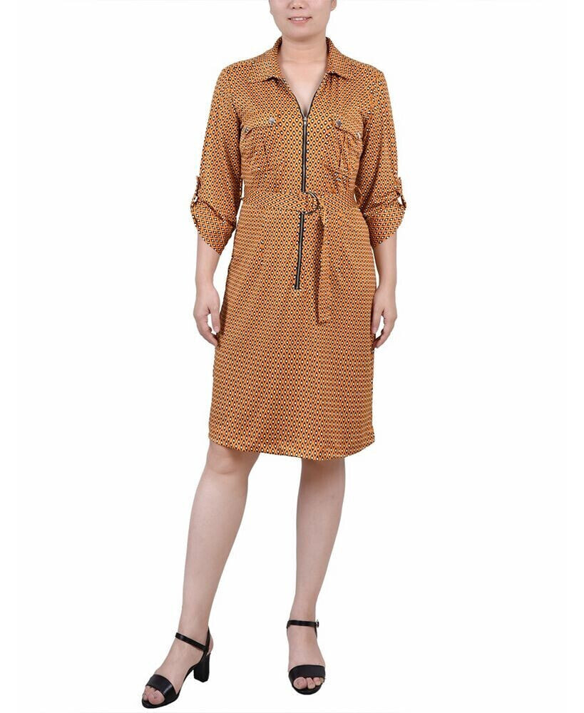 Petite Belted Roll Tab Zip Front Shirtdress