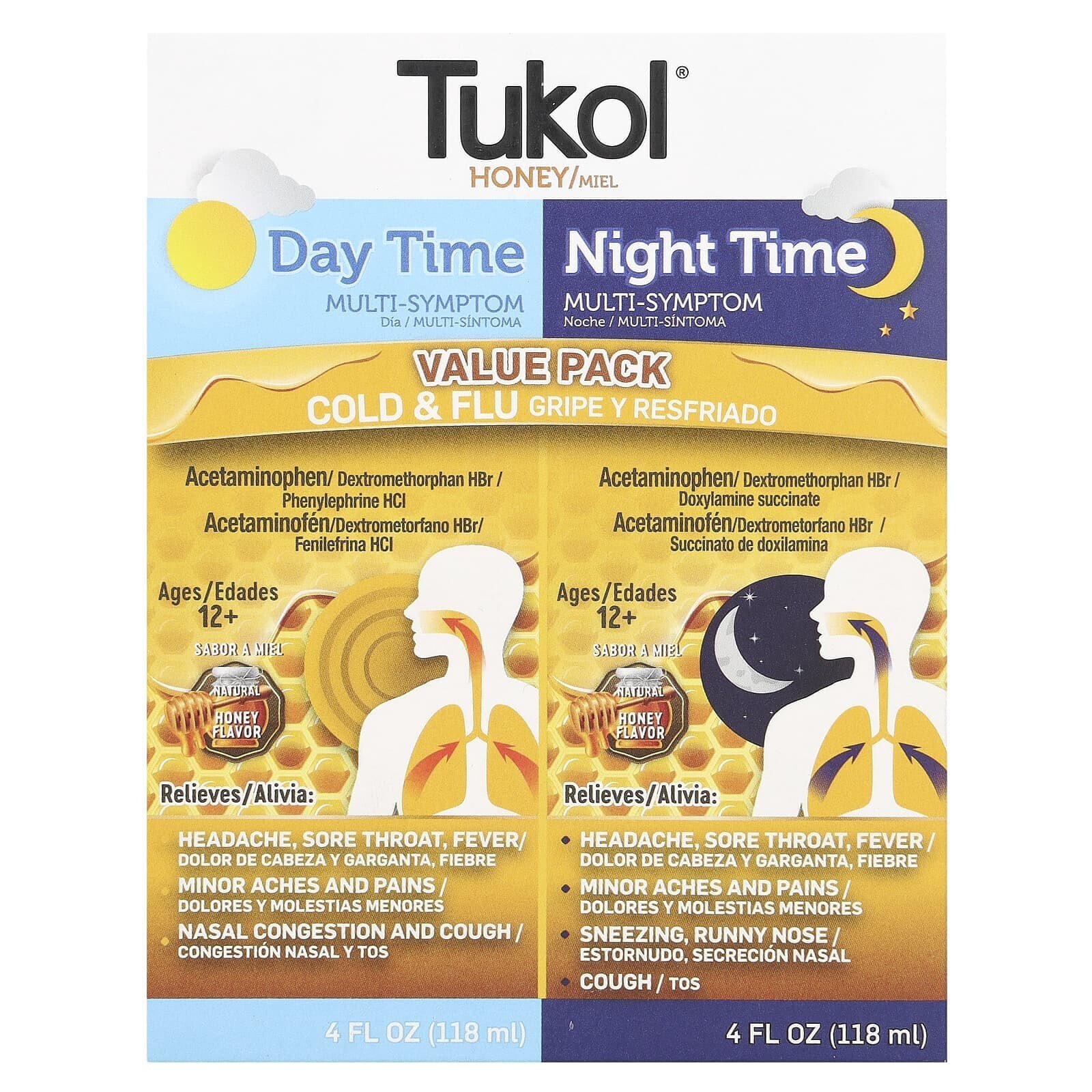 Honey. Multi-Symptom Cold & Flu, Day Time & Night Time Value Pack, Ages 12+, Natural Honey, 2 Pack, 4 fl oz (118 ml) Each