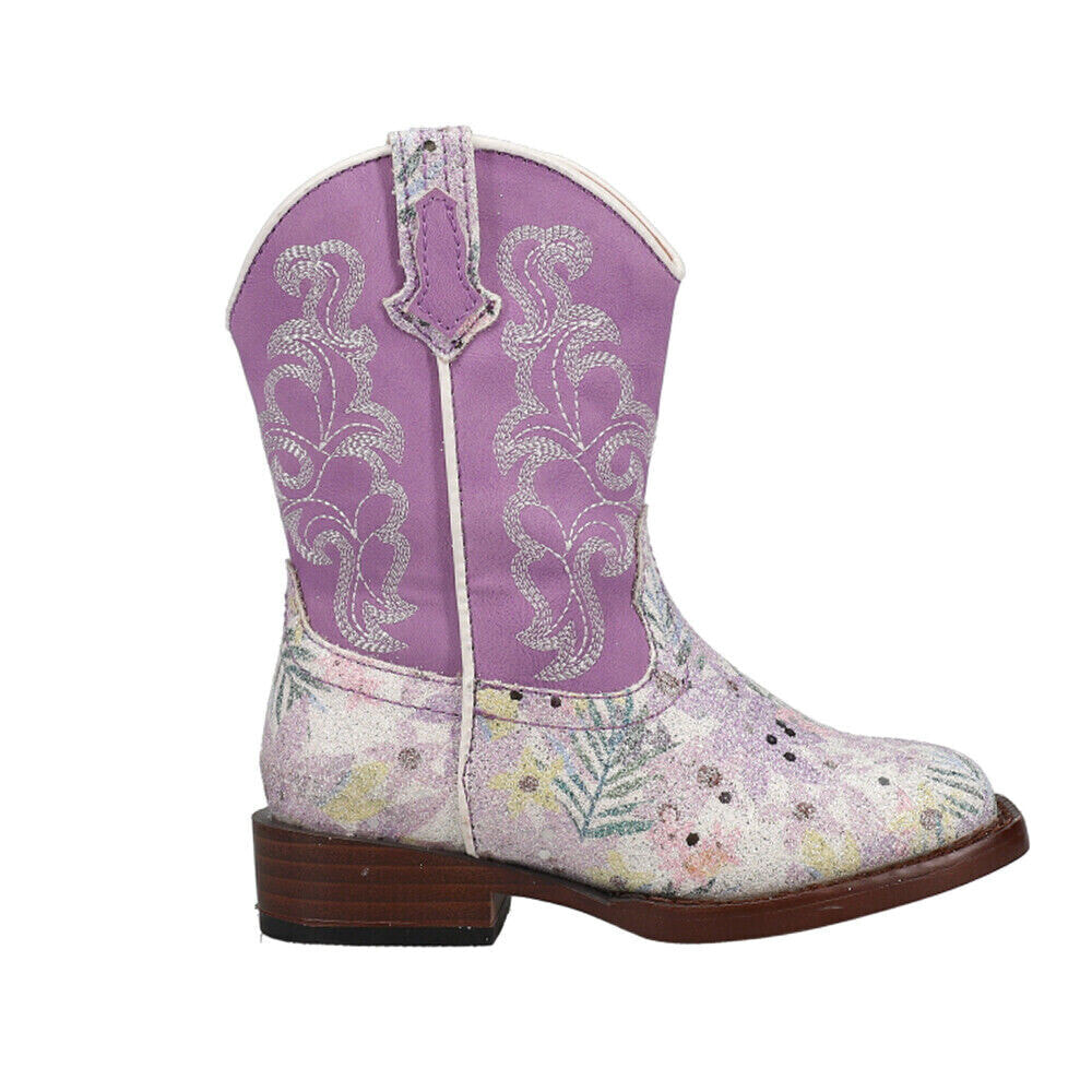 Roper Glitter Floral Square Toe Cowboy Toddler Girls Purple Casual Boots 09-017