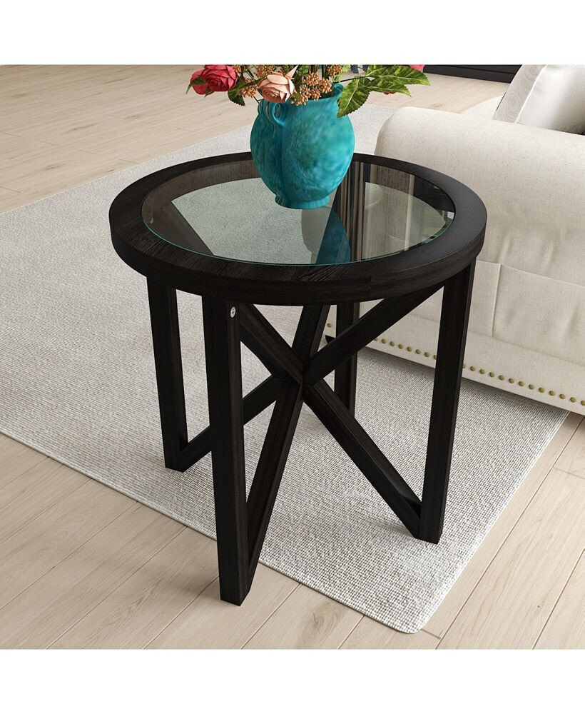 Simplie Fun modern simple glass coffee table, tempered glass coffee table solid wood base round transpare