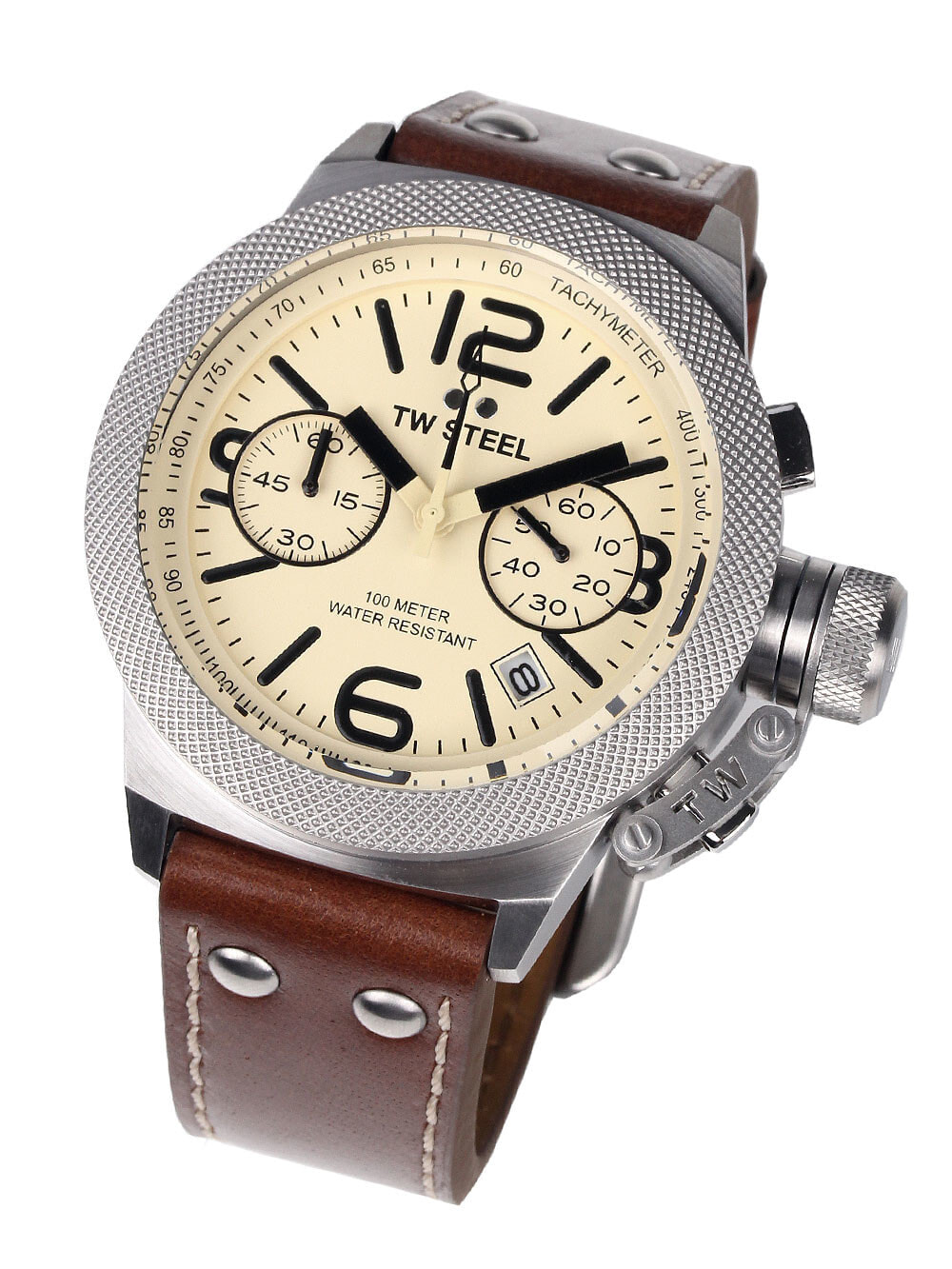 Мужские наручные часы с кожаным коричневым ремешком TW Steel CS13 Canteen Leather Chronograph 45mm 10 ATM