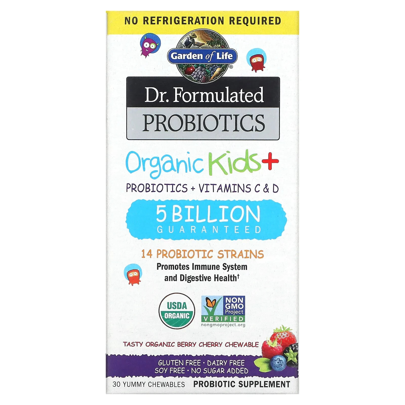 Garden of Life, Dr. Formulated Probiotics, Organic Kids +, со вкусом органического арбуза, 30 вкусных жевательных таблеток