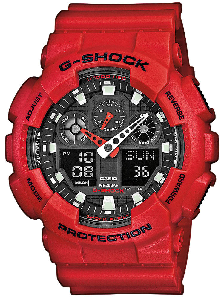 Мужские наручные часы с красным силиконовым ремешком CASIO GA-100B-4AER G-SHOCK 51mm 20 ATM