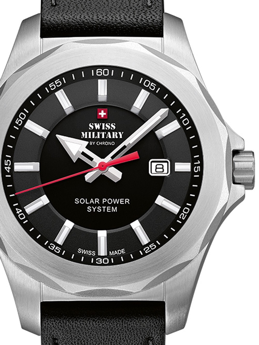 Мужские наручные часы с черным кожаным ремешком Swiss Military SMS34073.04 Solar Mens 42mm 10ATM