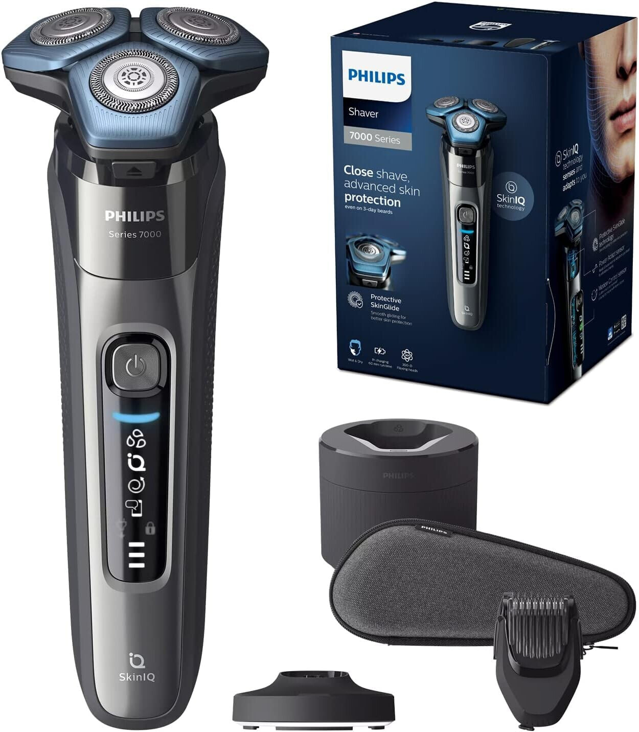 Philips Shaver Series 8000 – Elektrischer Nass- und Trockenrasierer mit SkinIQ Technologie, ausklappbarem Trimmer, Ladestation, Schutzkappe, Reinigungsbürste und Nasenhaartrimmer (Modell S8697/23)