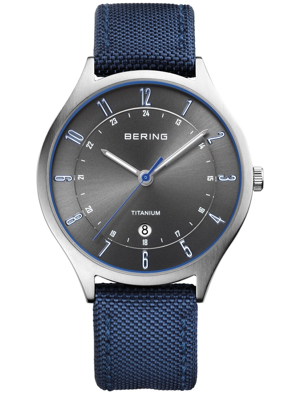 Мужские наручные часы с синим текстильным ремешком Bering 11739-873 Titanium Mens 39mm 5 ATM