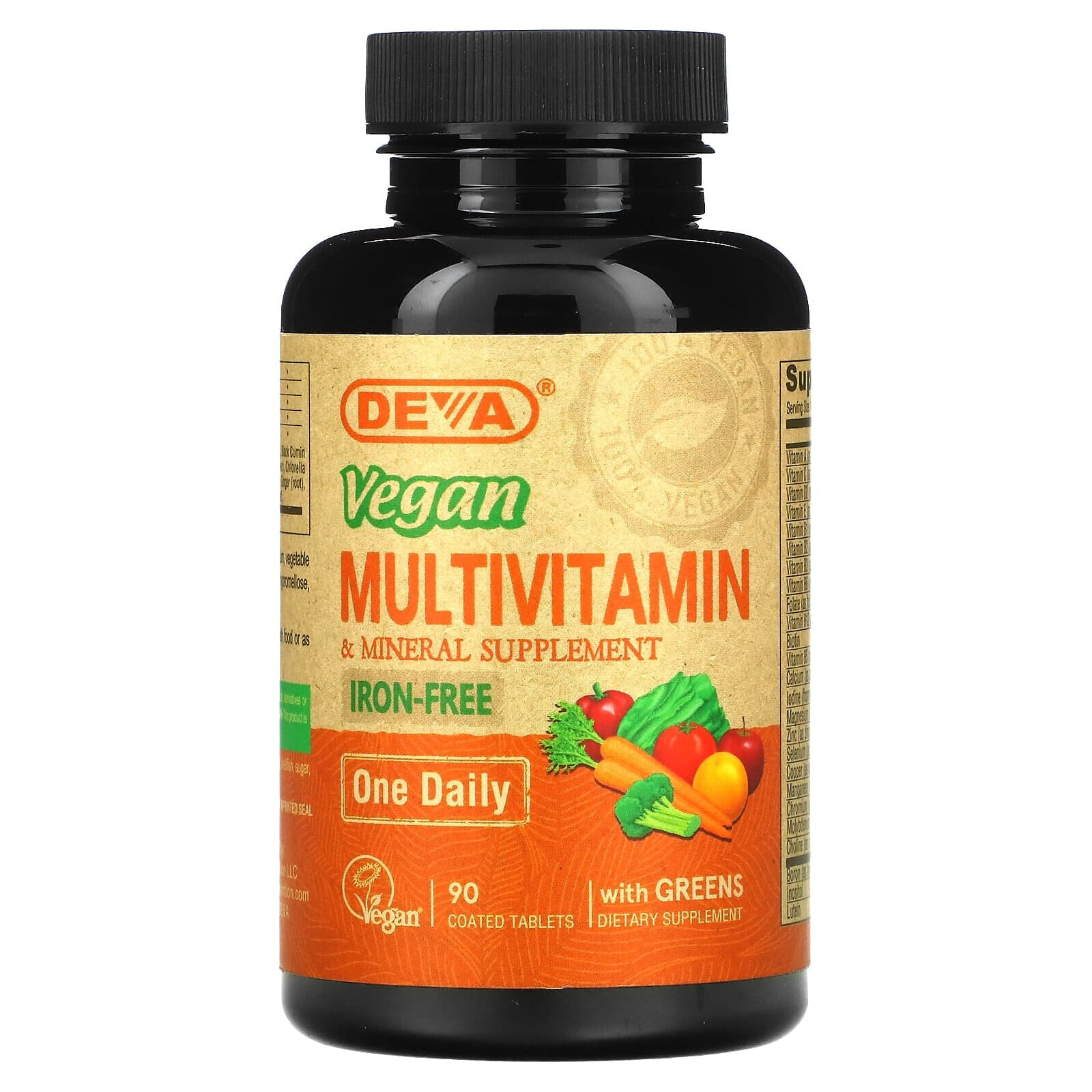 Deva, Vegan Multivitamin & Mineral Supplement with Greens, Iron Free, 90 Coated Tablets