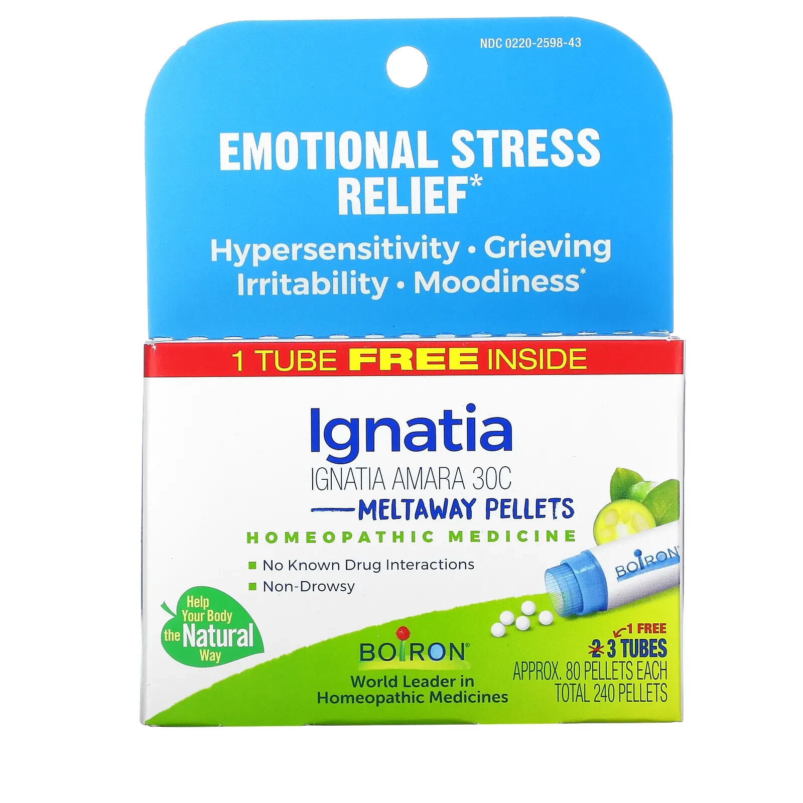 Boiron, Ignatia Amara, Emotional Stress Relief,  Meltaway Pellets, 30C,  3 Tubes, 80 Pellets Each