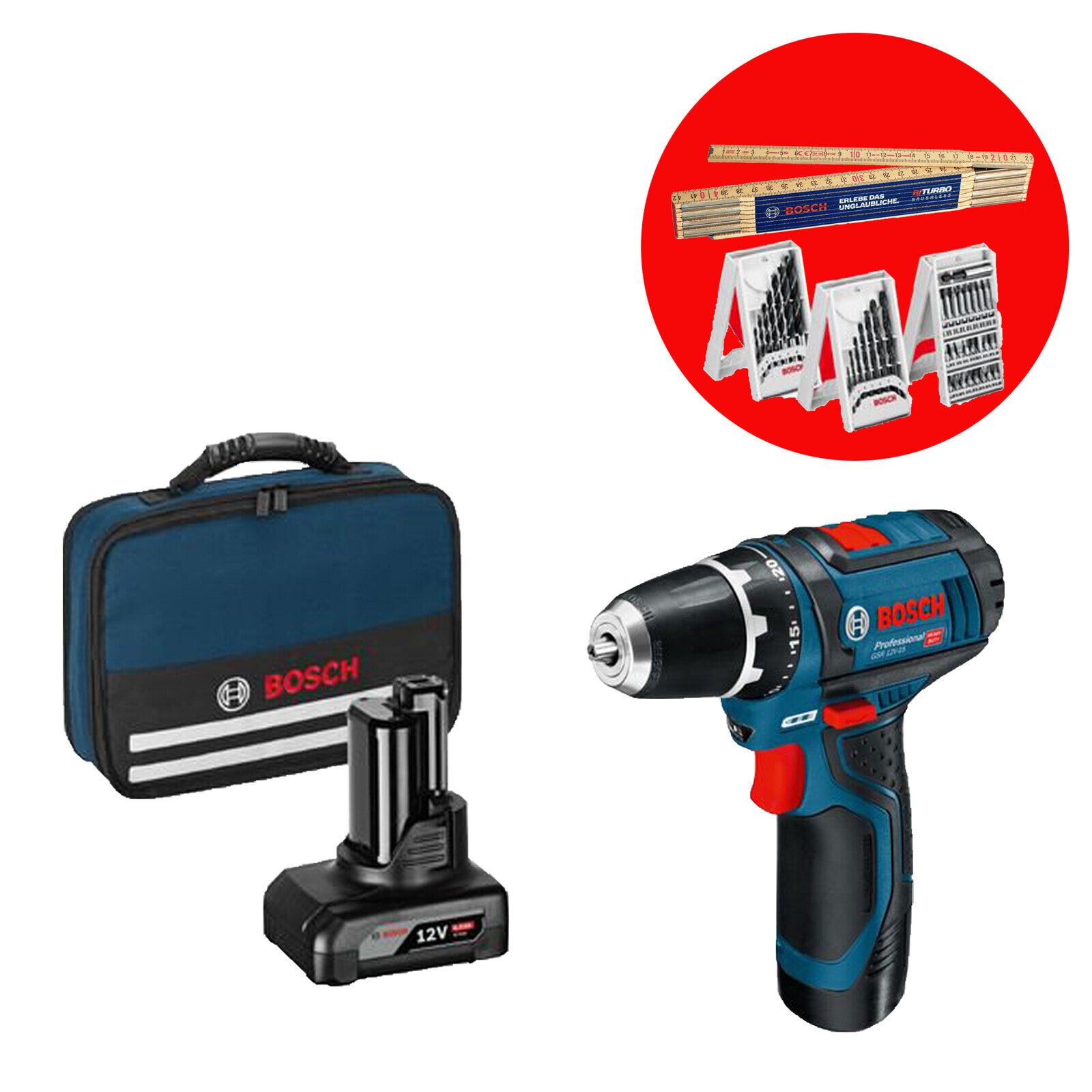 Bosch Akku-Bohrschrauber GSR 12V-15 1x 2,0 Ah, 1x 4,0 Ah Akku + Lader in Tasche + Bosch Zollstock