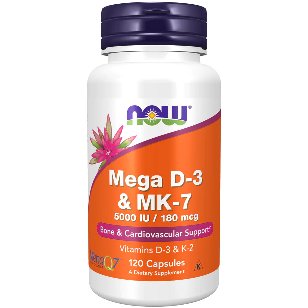 NOW Mega D-3 & MK-7 Комплекс для укрепления костей и сердечно-сосудистой системы с витаминами D3 и K2 120 капсул