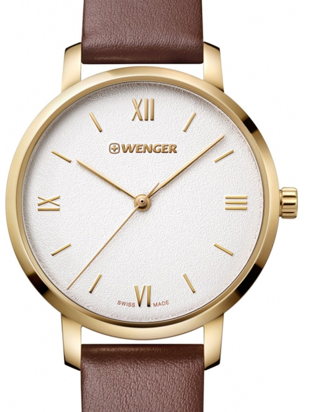 Женские наручные кварцевые часы Wenger 38mm 10 ATM с кожаным коричневым ремешком