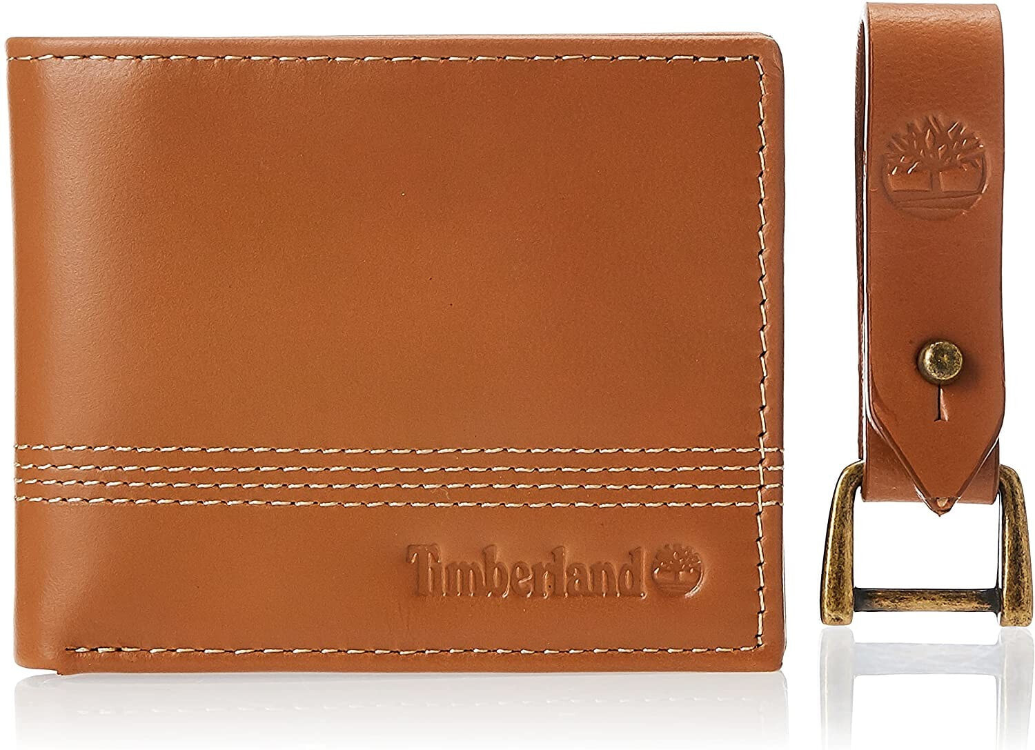 Мужской портмоне кожаный коричневый горизонтальный без застежки Timberland Men's Leather Slimfold Wallet with Matching Fob Gift Set, Tan, One Size