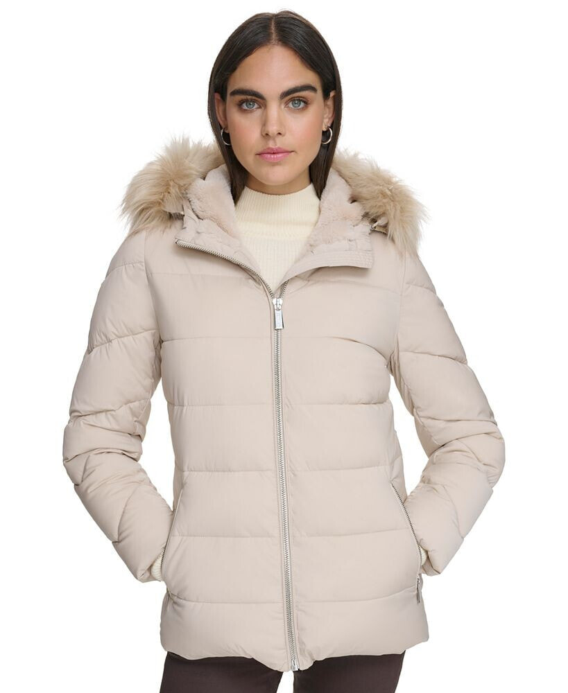 Calvin Klein women's Stretch Faux-Fur-Trim Hooded Puffer Coat