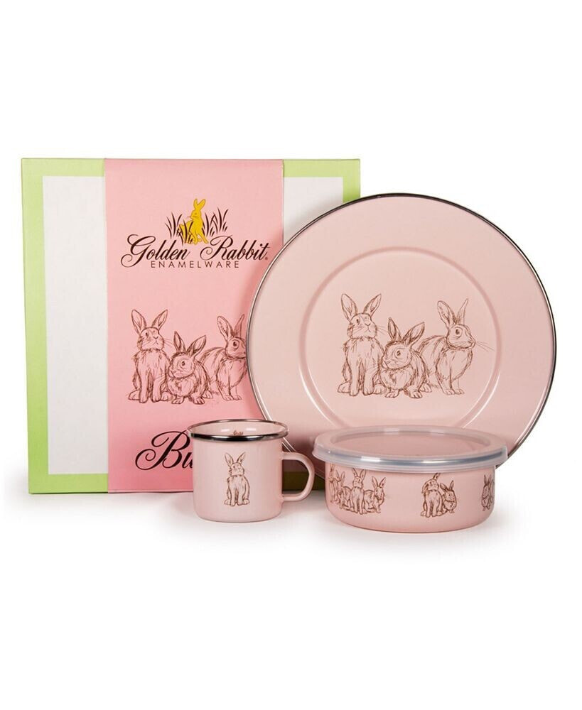 Golden Rabbit pink Bunnies Enamelware Collection 3 Piece Kids Dinner Set