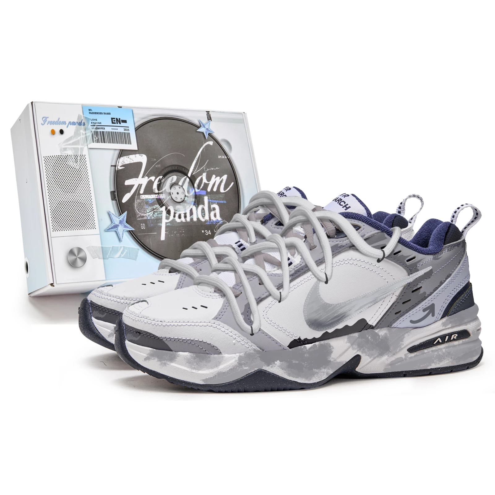 Nike Air Monarch 4 Free Panda Box Moon Howling Anti-Slip Wear-Resistant Low-Top Chunky Sneakers Unisex Gray White