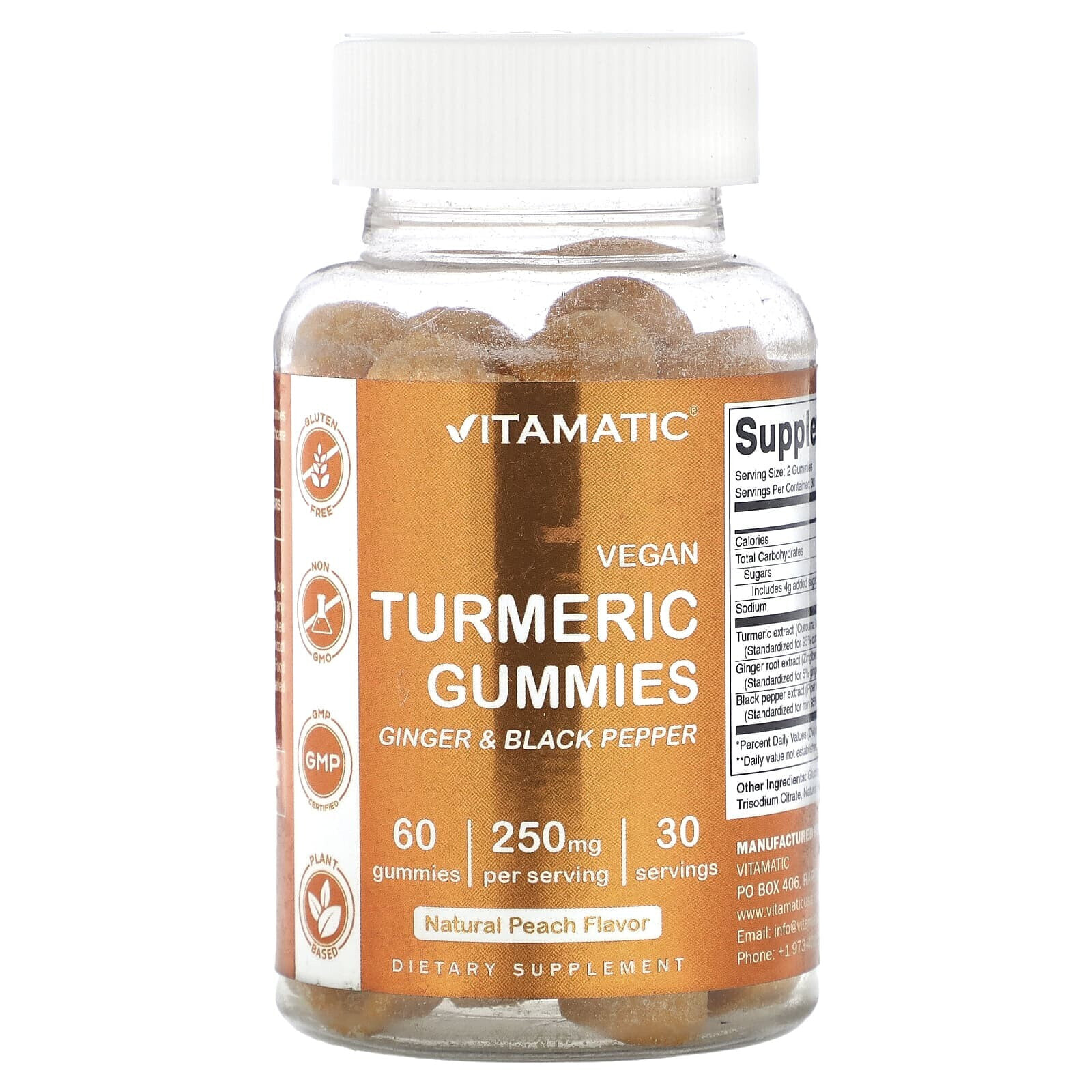 Vitamatic, Vegan Turmeric Gummies, Natural Peach, 125 mg, 60 Gummies