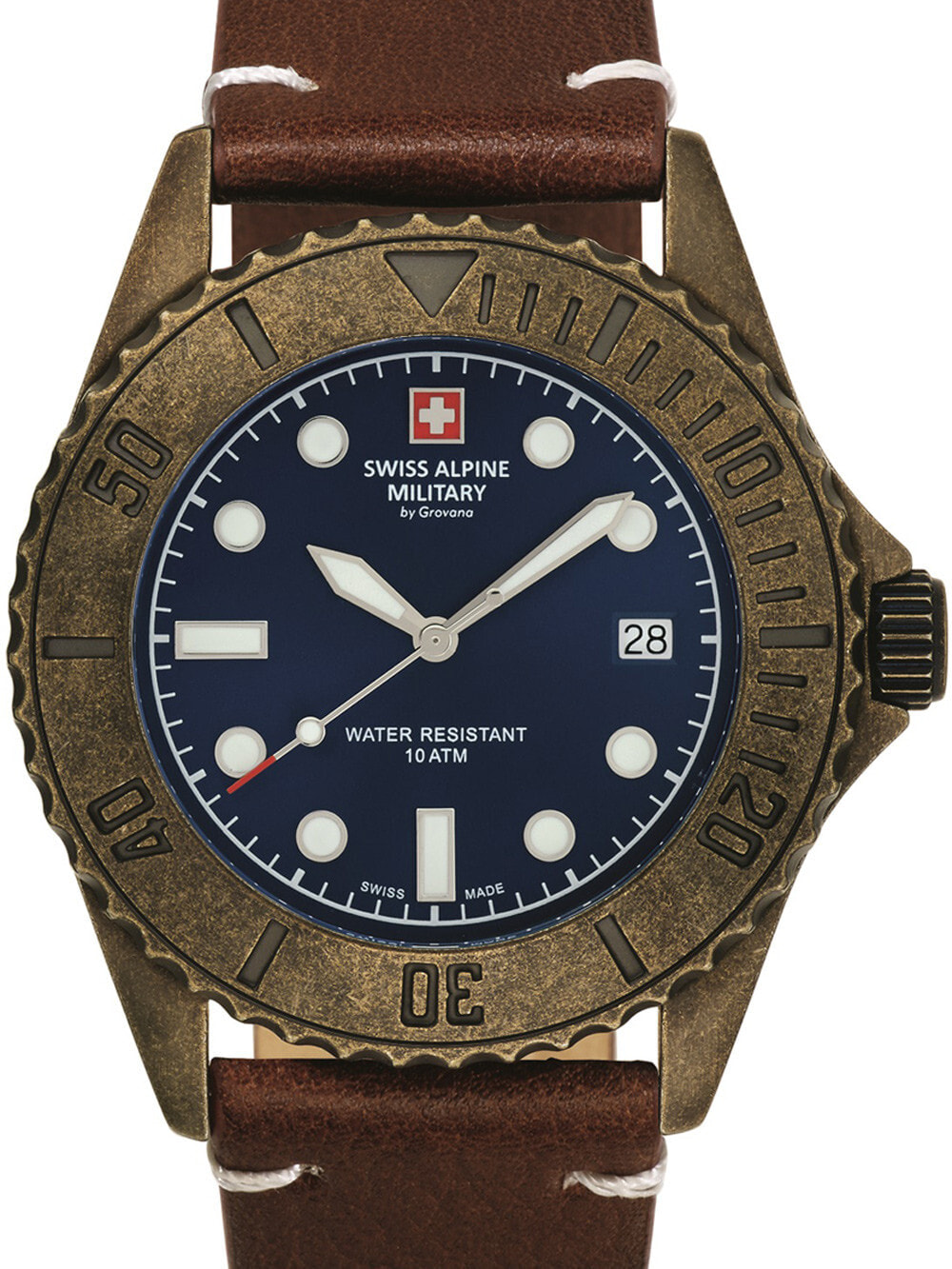 Мужские наручные часы с коричневым кожаным ремешком Swiss Alpine Military 7051.1585 diver vintage 41mm 10ATM